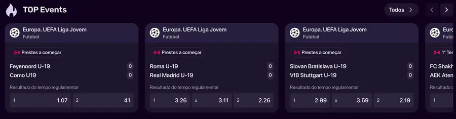 Bloco Top Events dos Esportes da MaxWin com partidas de futebol e odds 1, X e 2